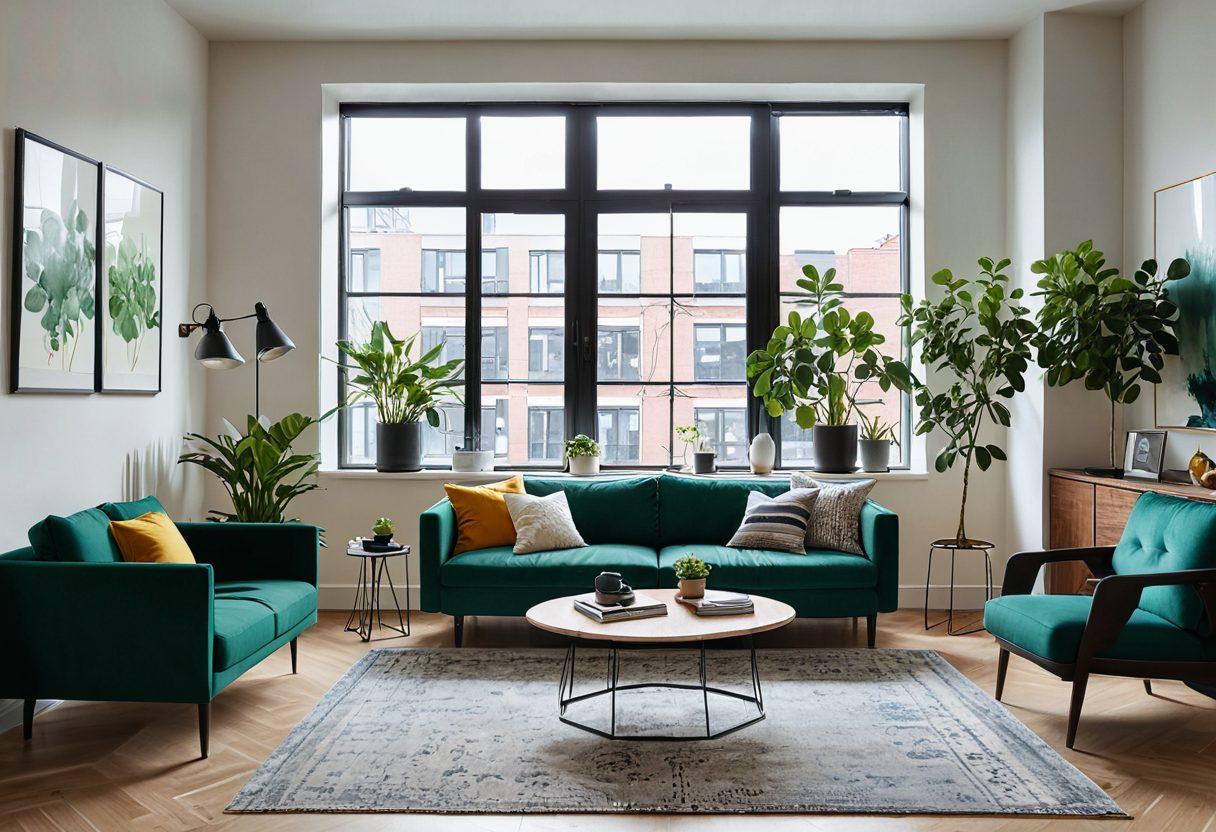 A stylish, modern apartment interior showcasing clever space-saving designs and elegant decor. Featuring a cozy living area with multifunctional furniture, bright natural light streaming through large windows, and a small green indoor plant adding a touch of freshness. Include expert design elements like wall art and smart storage solutions to convey a sense of maximizing space. super-realistic. vibrant colors. airy composition.