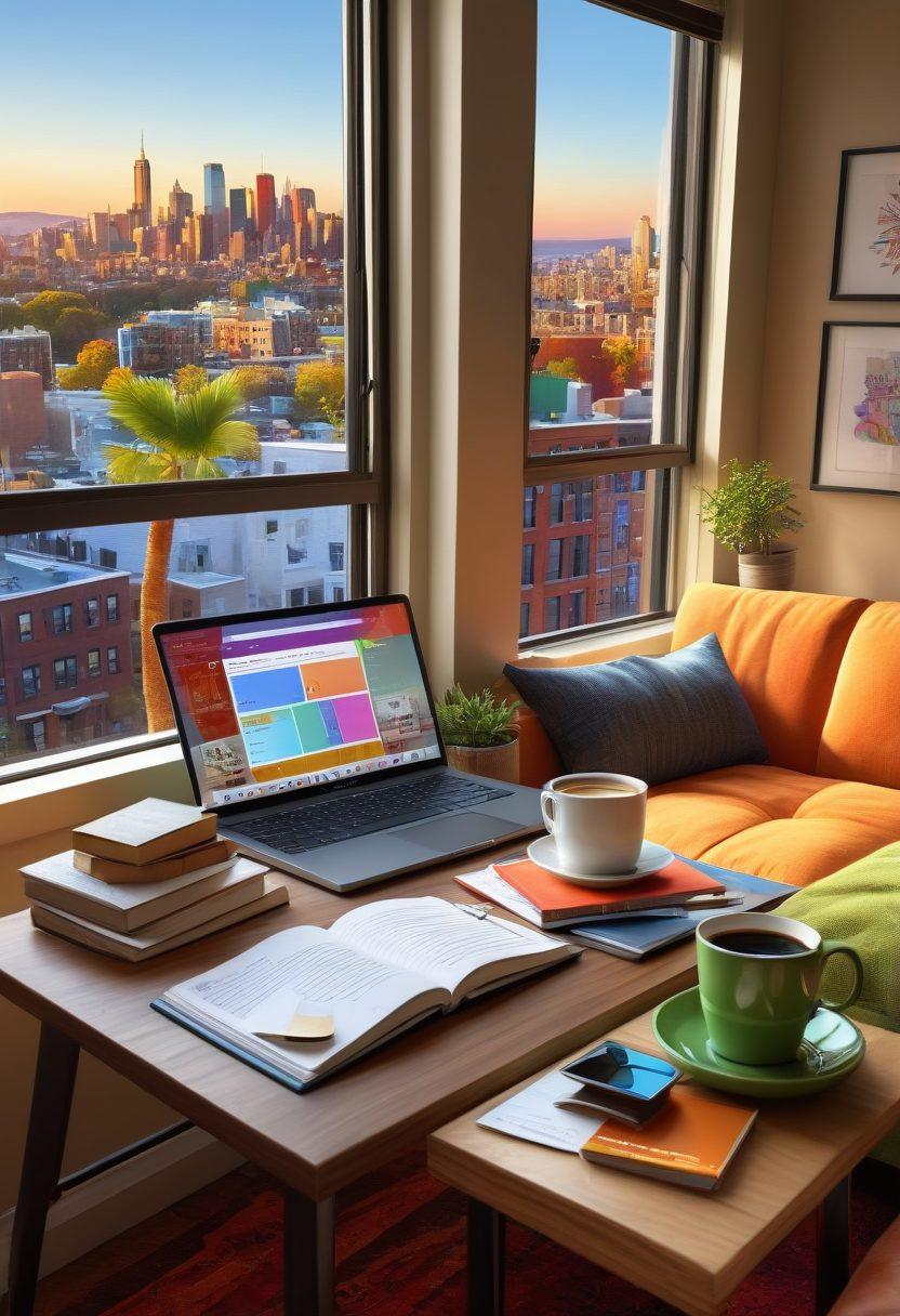 A cluttered yet cozy living room filled with colorful rental signs and floor plans spread across a coffee table, alongside a laptop displaying a housing market website. In the background, a window shows a vibrant city skyline with diverse apartment buildings. A thoughtful renter, with a notebook and pen, contemplates their options while sipping coffee. The atmosphere exudes a sense of exploration and determination. super-realistic. vibrant colors. 3D.