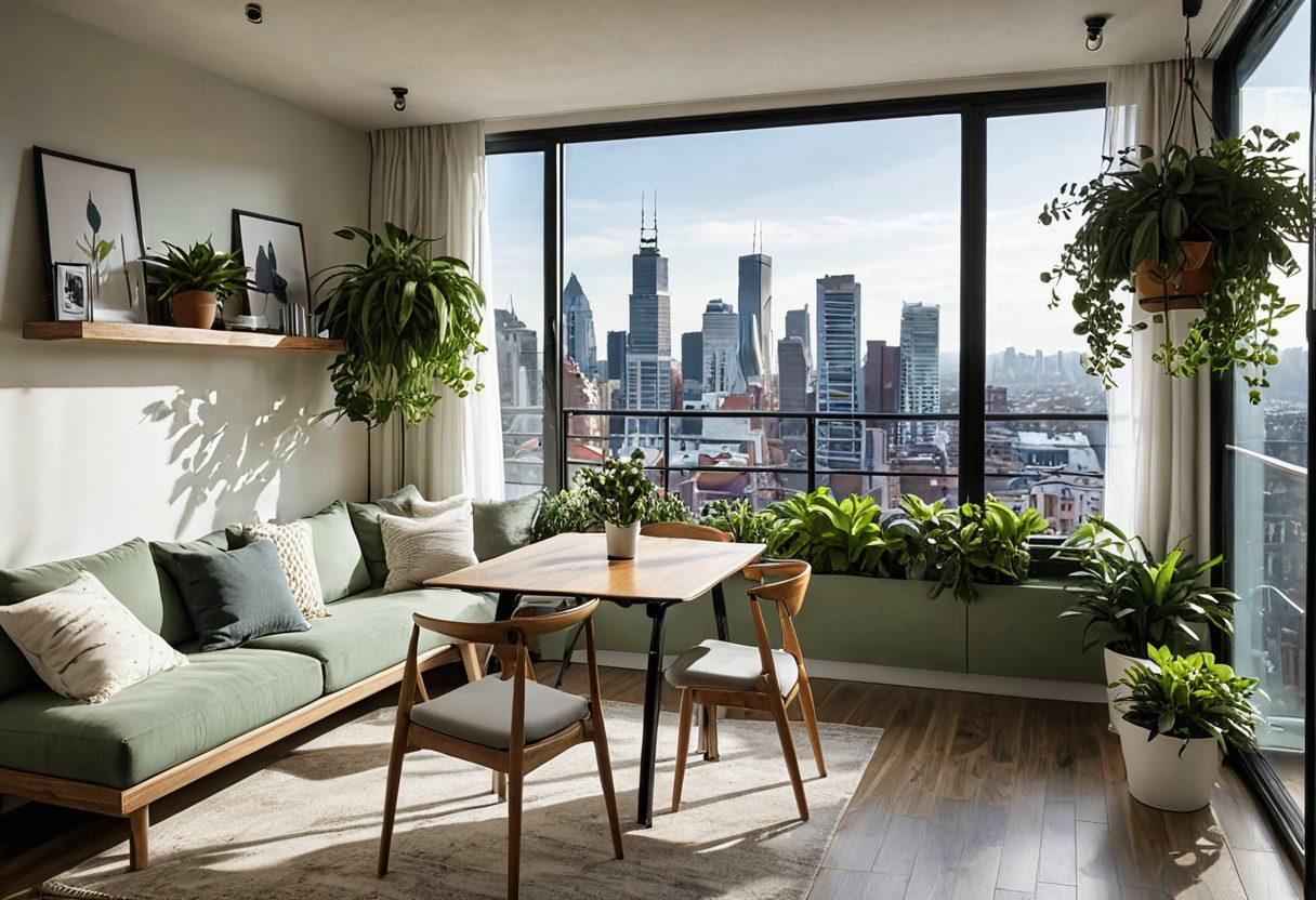 A cozy, modern apartment interior showcasing smart space utilization, with multi-functional furniture, green plants, and stylish decor. Include large windows with city skyline views to emphasize urban living. Highlight a small balcony with plants, creating a serene escape within the city. The color palette should be warm and inviting, enhancing the feeling of home and comfort. vibrant colors. super-realistic.
